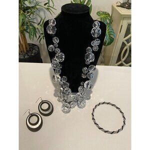 Faceted clear bead necklace, Silver & Black bangle‎ bracelet and dangle earrings